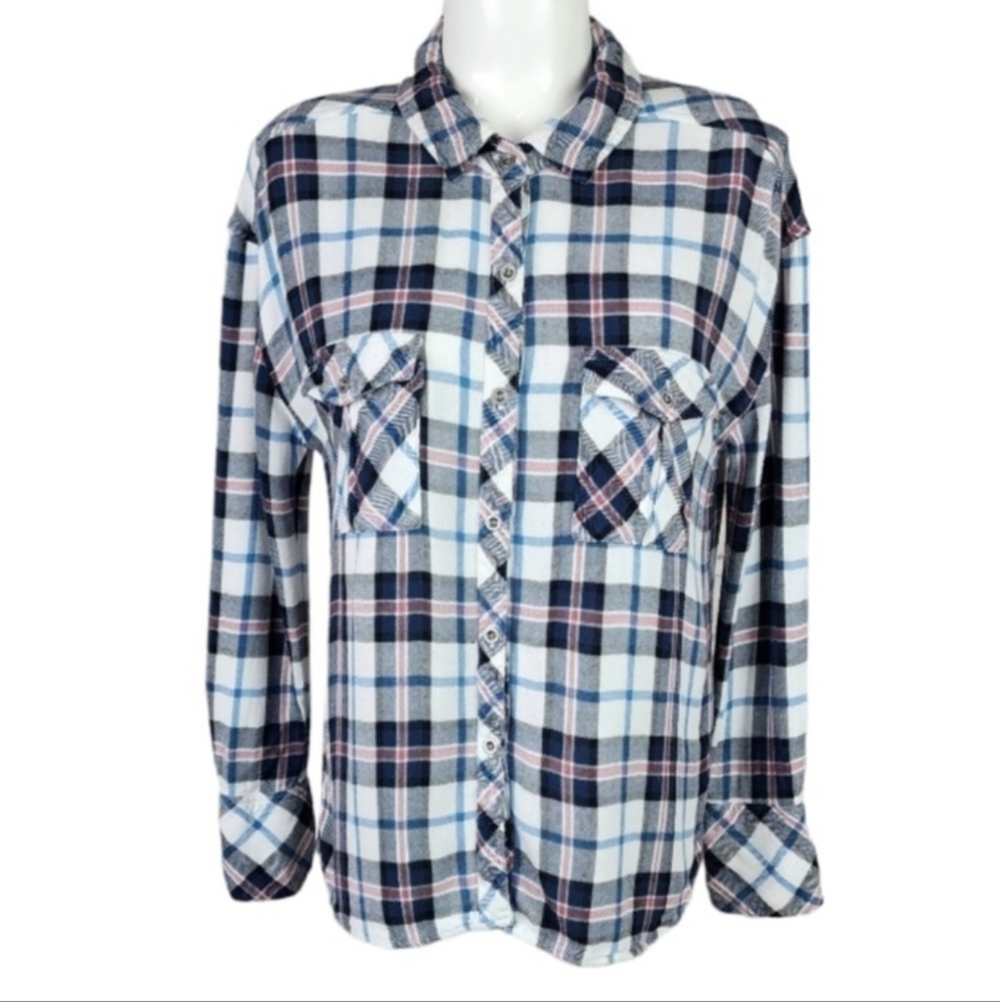 Rails x Free People Button Front Plaid Shirt Rayon White Blue Size XS Twilight